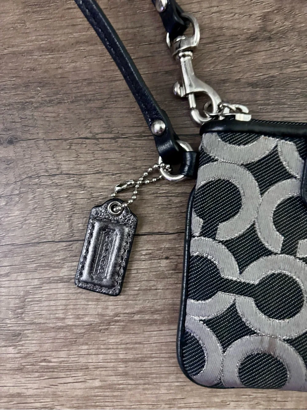 Coach Black & Gray Signature Wristlet with Leather Trim